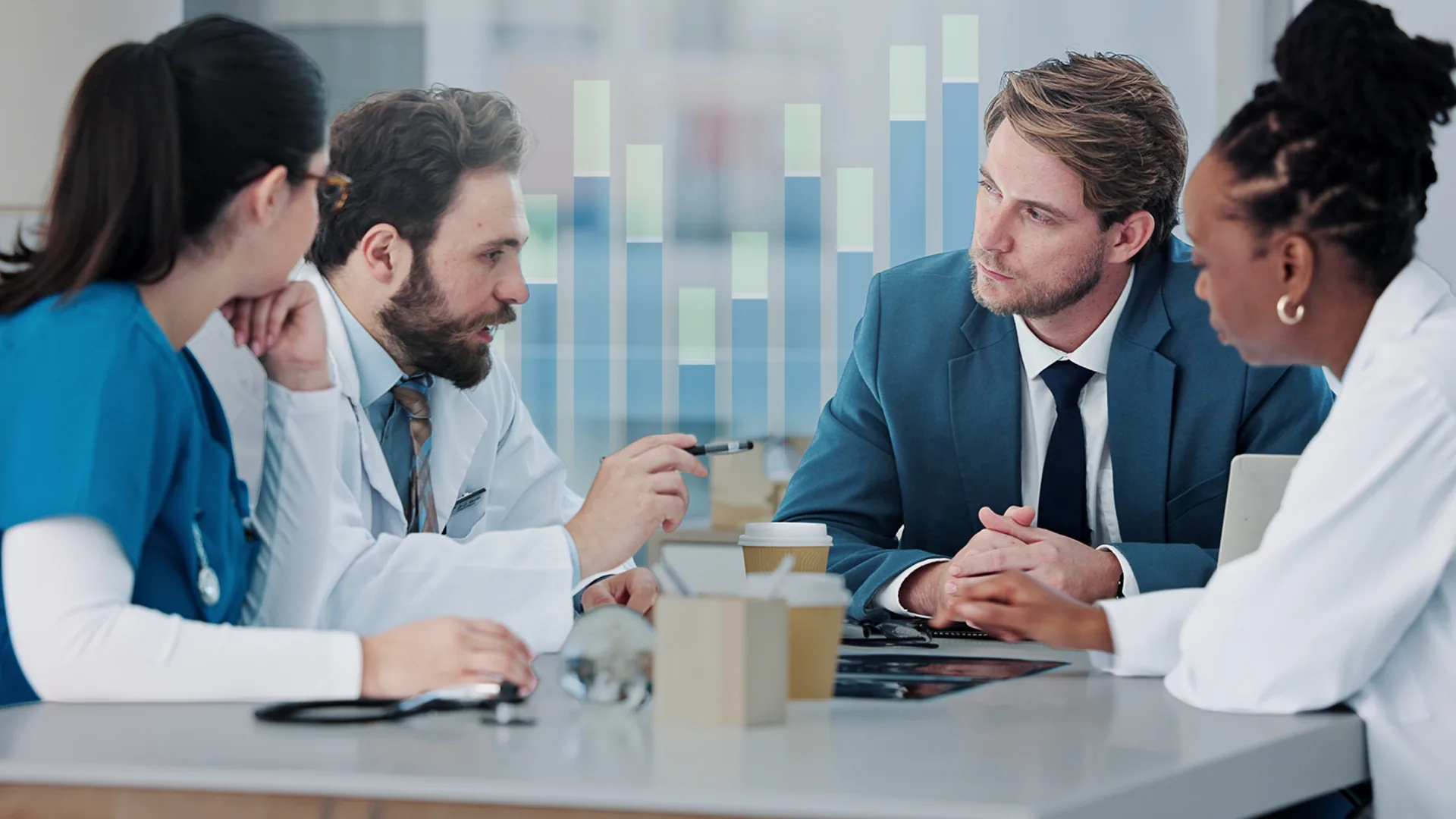 Clinicians and a health plan executive discussing shared financial risk performance data in a meeting, with a bar chart overlay